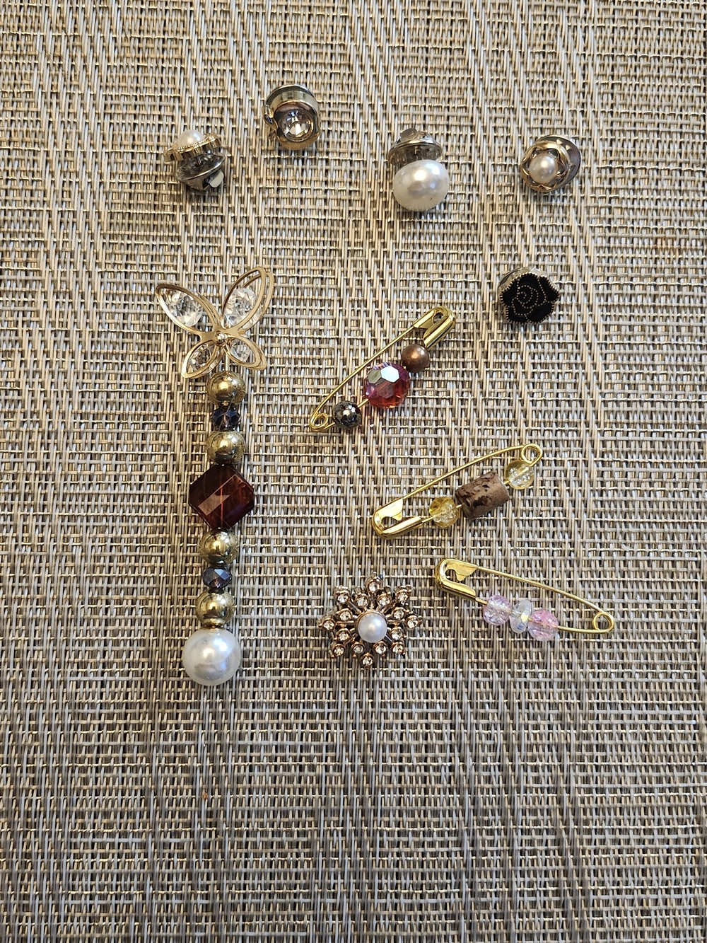 Gold-tone Pearl and Crystal Drop Pins  - Gold, Pearl, Burgundy